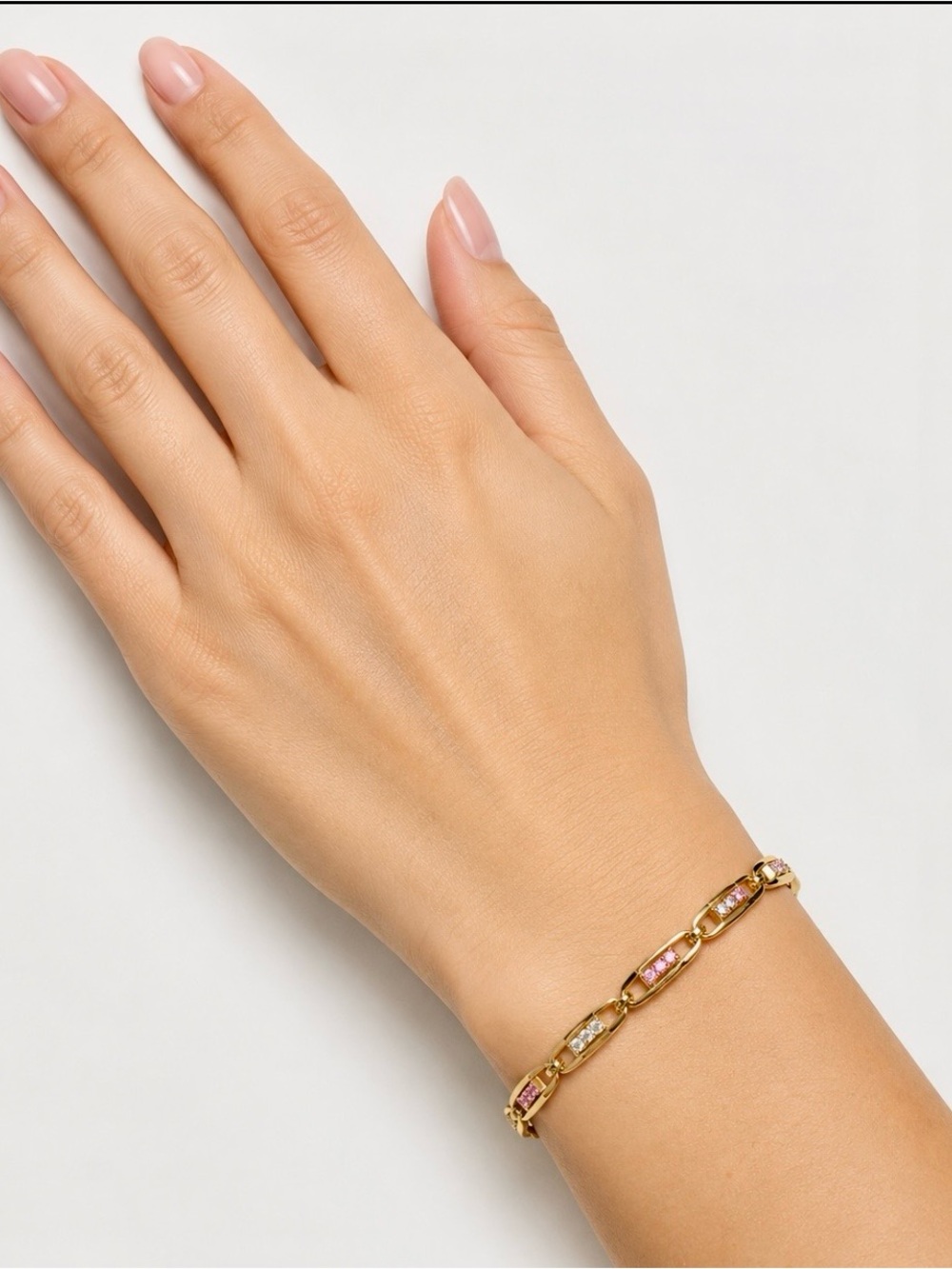 Gold Link Bracelet with Pink Stone Inlays